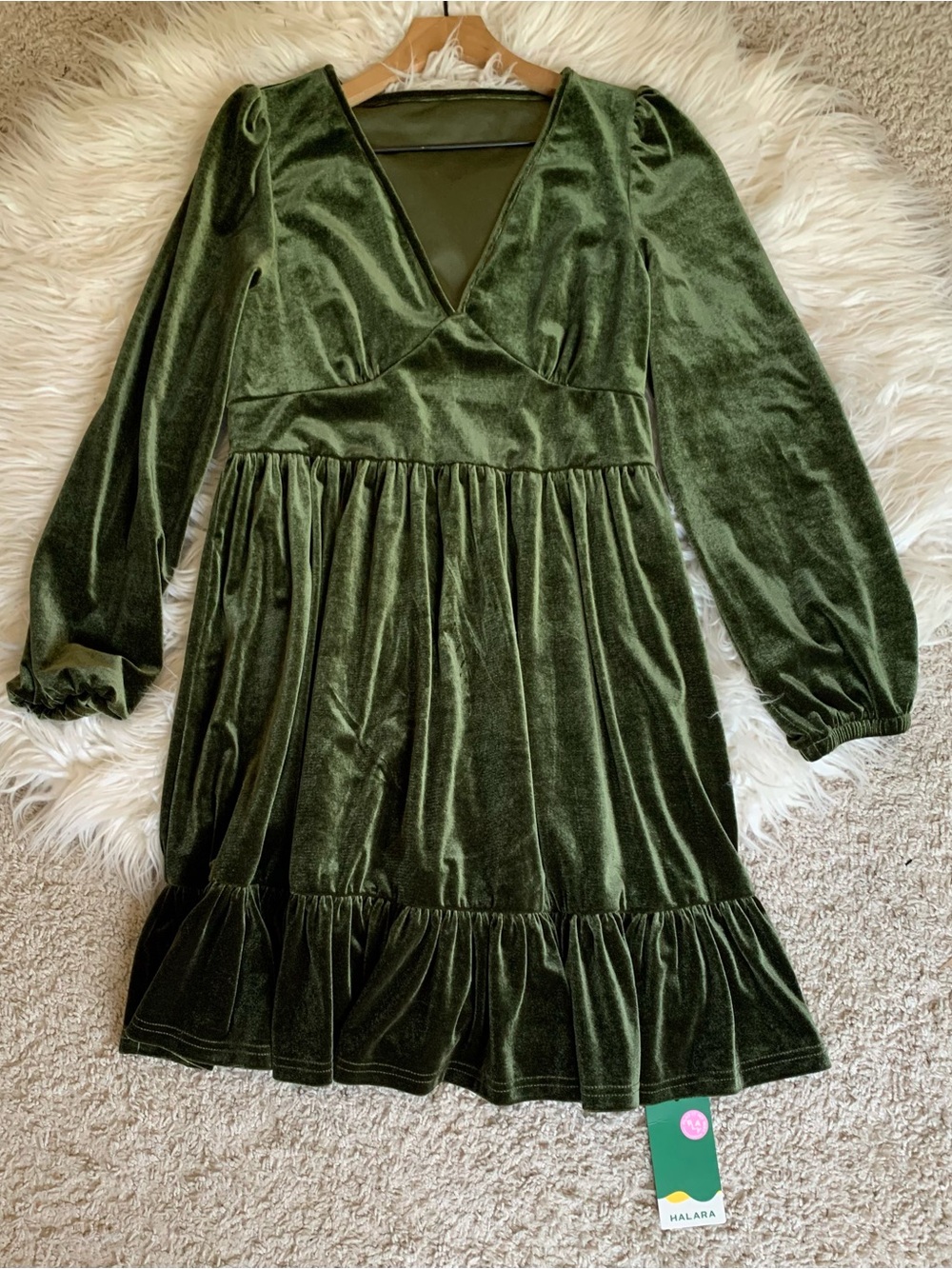 NWT HALARA Everyday Deep V Neck Long Sleeve Ruffled Hem Velvet Mini Chill Dress